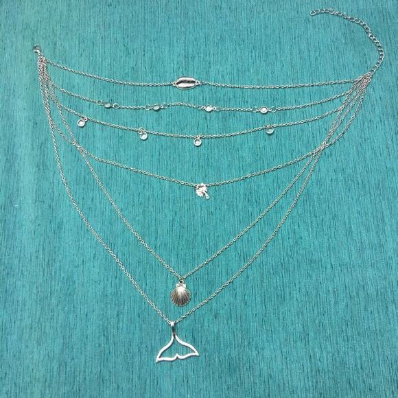 6 Layer Boho Gypsy Beach Silver Mermaid Necklace - Picture 4 of 6